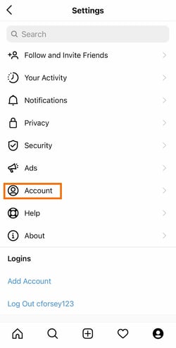 The "Account" button from the Settings navigation bar in the Instagram app